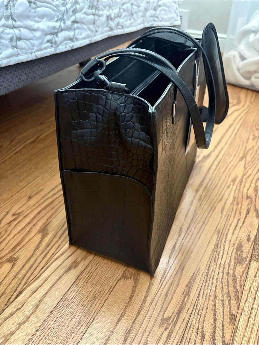 BEIS Black Croc-Embossed Tote with Padded Strap - Picture 7 of 10